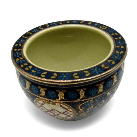 FISH BOWL Ming Dynasty Floral Butterfly Bird Blue And Gold Accents 5" Vintage - Picture 3 of 10